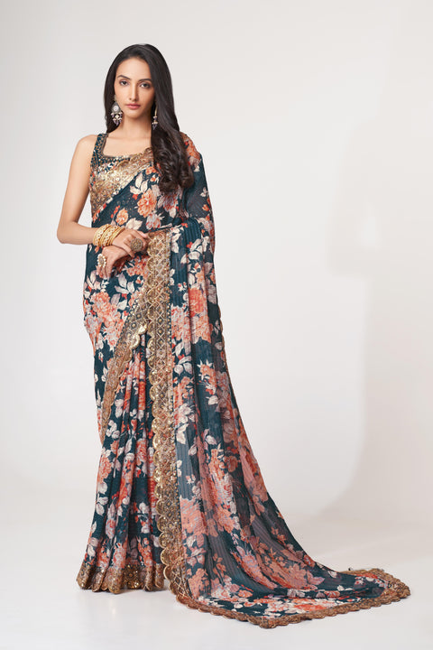 Dove Blue Heavy Floral printed sequins embroidered Indian saree with four side heavy embroidered lace border