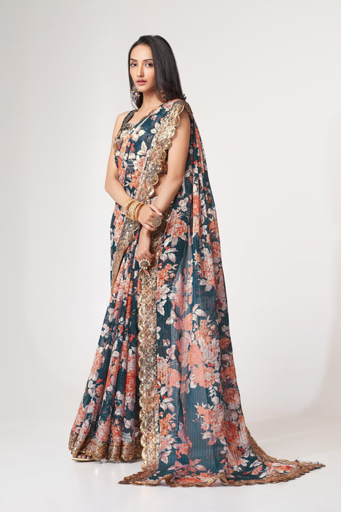 Dove Blue Heavy Floral printed sequins embroidered Indian saree with four side heavy embroidered lace border