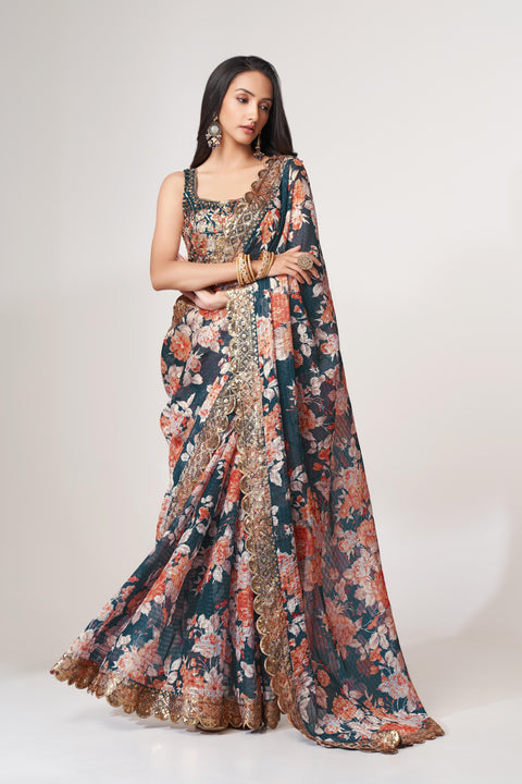 Dove Blue Heavy Floral printed sequins embroidered Indian saree with four side heavy embroidered lace border