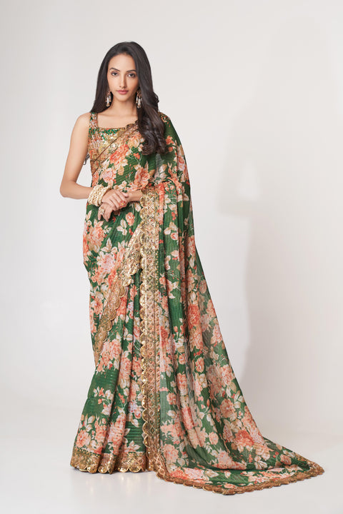 Green Heavy Floral printed sequins embroidered Indian saree with four side heavy embroidered lace border