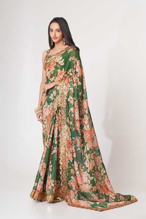 Green Heavy Floral printed sequins embroidered Indian saree with four side heavy embroidered lace border