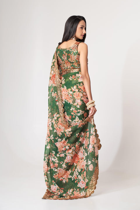 Green Heavy Floral printed sequins embroidered Indian saree with four side heavy embroidered lace border