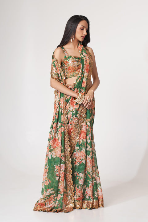 Green Heavy Floral printed sequins embroidered Indian saree with four side heavy embroidered lace border