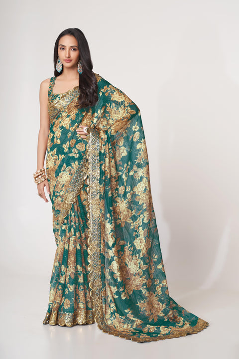 Teal Blue Heavy Floral printed sequins embroidered Indian saree with four side heavy embroidered lace border