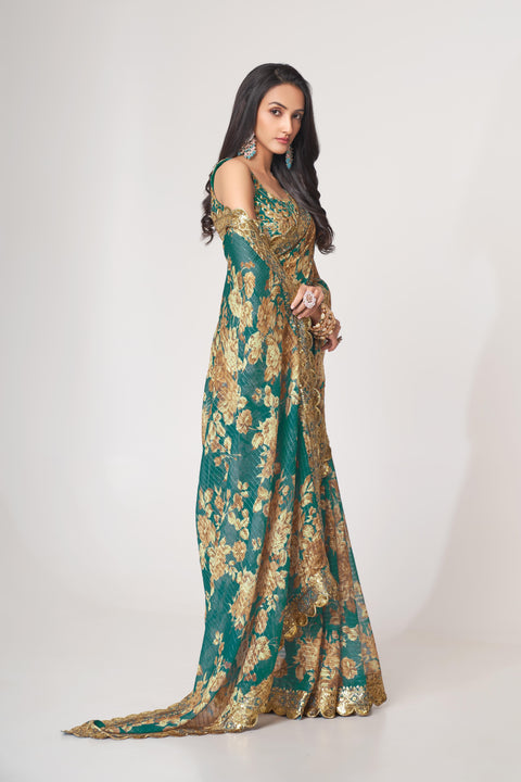 Teal Blue Heavy Floral printed sequins embroidered Indian saree with four side heavy embroidered lace border