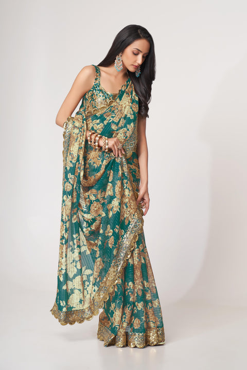 Teal Blue Heavy Floral printed sequins embroidered Indian saree with four side heavy embroidered lace border