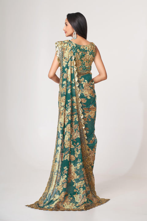 Teal Blue Heavy Floral printed sequins embroidered Indian saree with four side heavy embroidered lace border