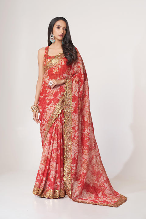 Red Heavy Floral printed sequins embroidered Indian saree with four side heavy embroidered lace border