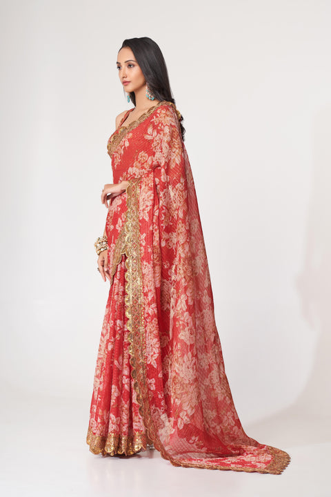 Red Heavy Floral printed sequins embroidered Indian saree with four side heavy embroidered lace border