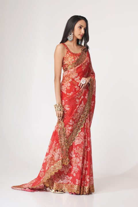 Red Heavy Floral printed sequins embroidered Indian saree with four side heavy embroidered lace border