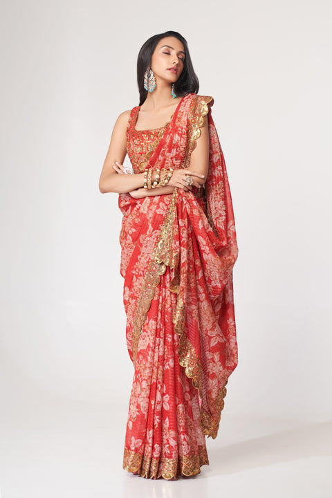 Red Heavy Floral printed sequins embroidered Indian saree with four side heavy embroidered lace border