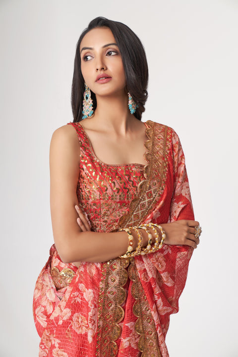 Red Heavy Floral printed sequins embroidered Indian saree with four side heavy embroidered lace border