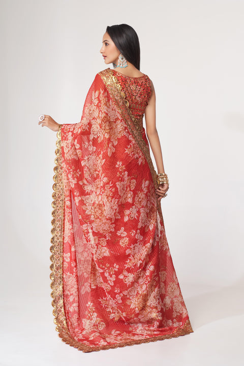 Red Heavy Floral printed sequins embroidered Indian saree with four side heavy embroidered lace border