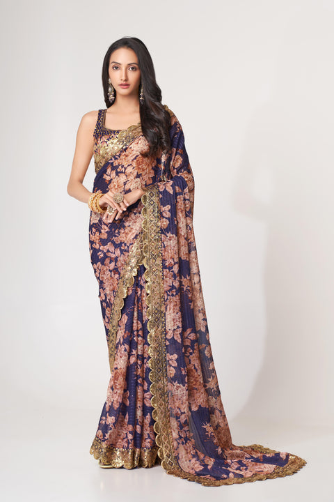 Purple Heavy Floral printed sequins embroidered Indian saree with four side heavy embroidered lace border