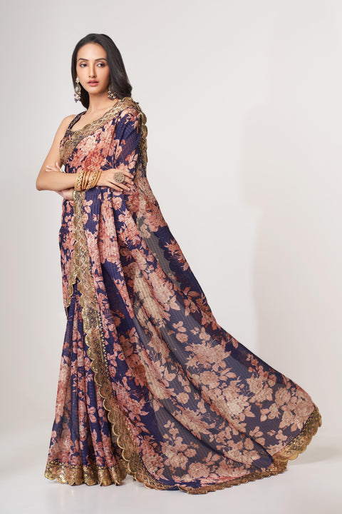 Purple Heavy Floral printed sequins embroidered Indian saree with four side heavy embroidered lace border