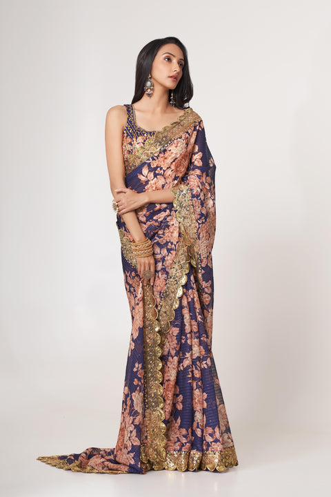 Purple Heavy Floral printed sequins embroidered Indian saree with four side heavy embroidered lace border