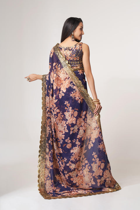 Purple Heavy Floral printed sequins embroidered Indian saree with four side heavy embroidered lace border