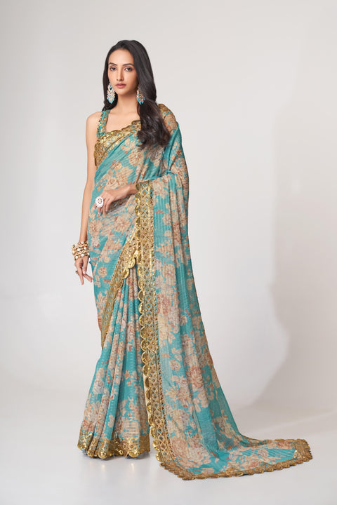 Sky Blue Heavy Floral printed sequins embroidered Indian saree with four side heavy embroidered lace border