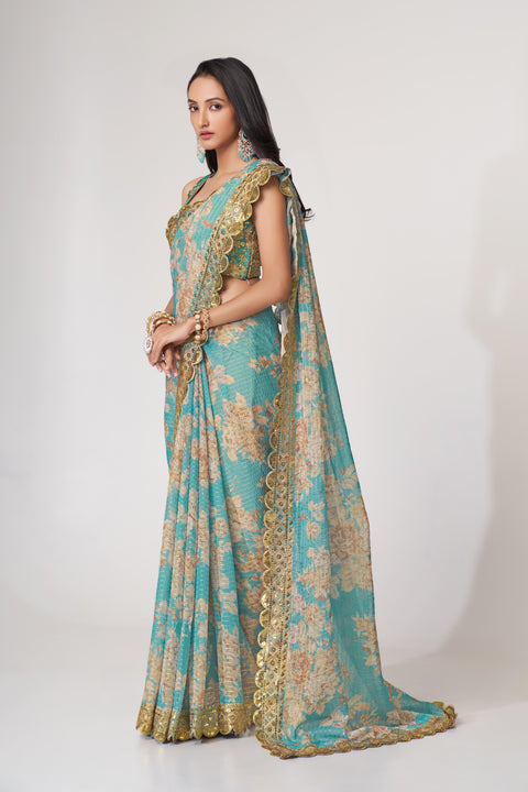 Sky Blue Heavy Floral printed sequins embroidered Indian saree with four side heavy embroidered lace border