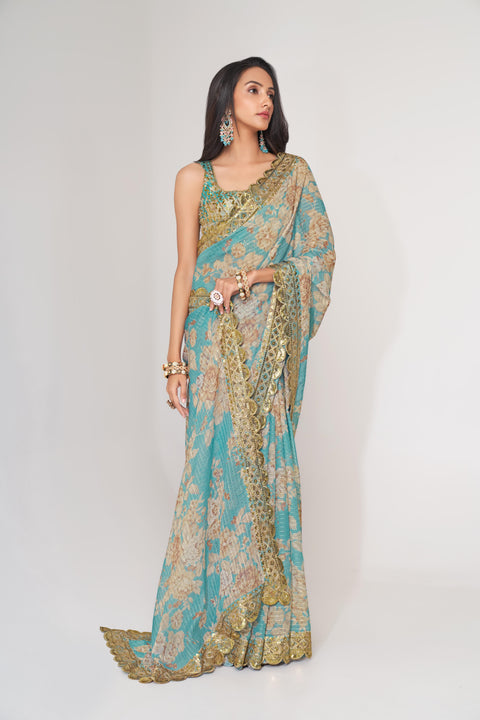 Sky Blue Heavy Floral printed sequins embroidered Indian saree with four side heavy embroidered lace border