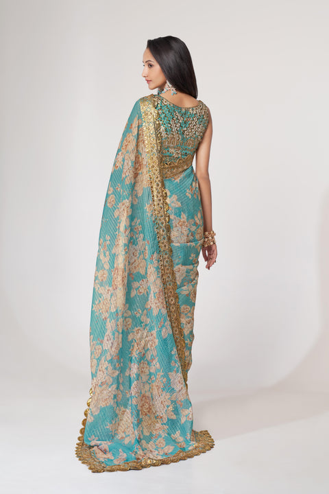 Sky Blue Heavy Floral printed sequins embroidered Indian saree with four side heavy embroidered lace border