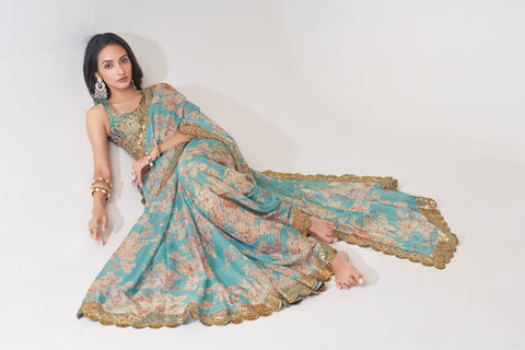 Sky Blue Heavy Floral printed sequins embroidered Indian saree with four side heavy embroidered lace border