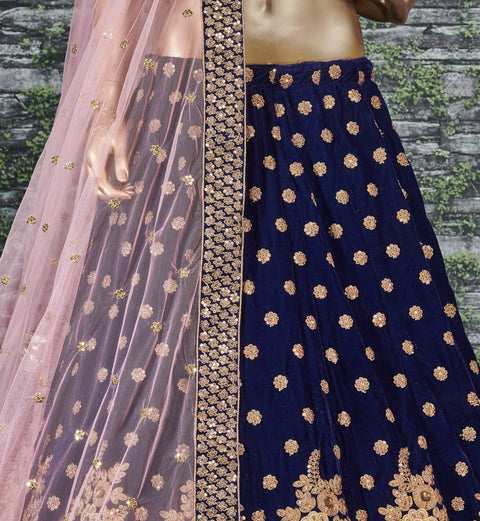 Look divine on your special day by wearing this navy blue color velvet bridal lehenga Choli.