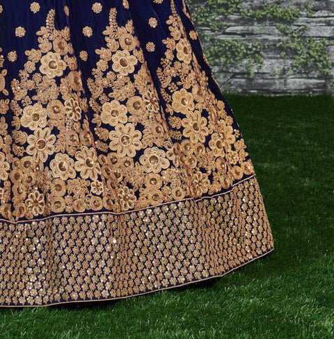 Look divine on your special day by wearing this navy blue color velvet bridal lehenga Choli.