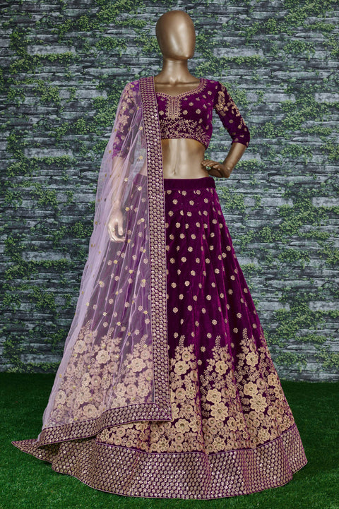 Purple Look divine on your special day by wearing this navy blue color velvet bridal lehenga Choli.