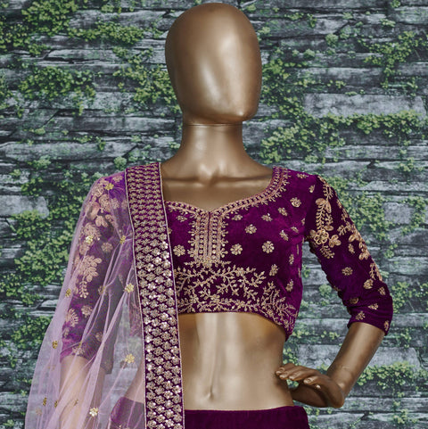 Purple Look divine on your special day by wearing this navy blue color velvet bridal lehenga Choli.