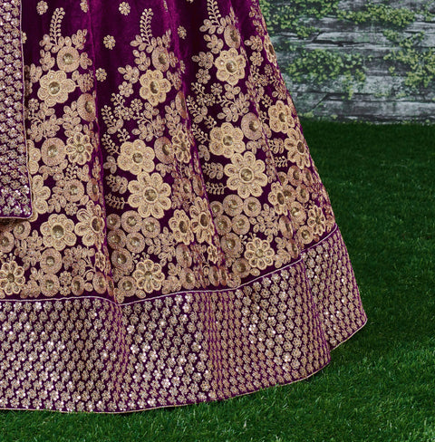 Purple Look divine on your special day by wearing this navy blue color velvet bridal lehenga Choli.