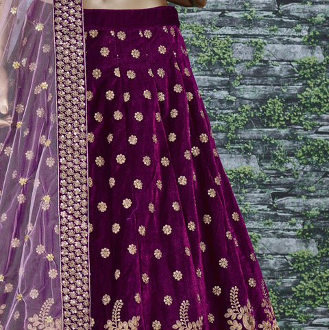 Purple Look divine on your special day by wearing this navy blue color velvet bridal lehenga Choli.