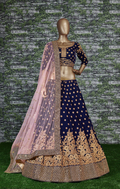 Look divine on your special day by wearing this navy blue color velvet bridal lehenga Choli.