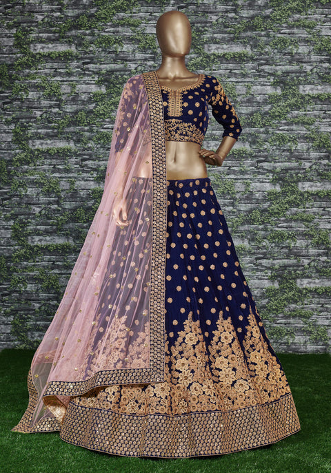 Look divine on your special day by wearing this navy blue color velvet bridal lehenga Choli.