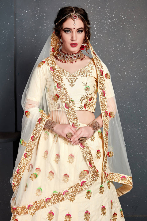 Attractive White Slub Silk lehenga choli dupatta For Women And Girls in USA