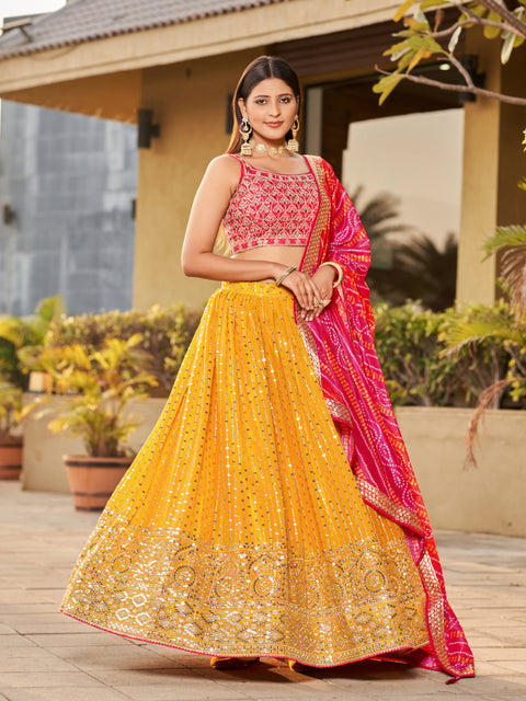 Yellow Striking Wedding wear Heavy Lehenga Choli for Women with Dupatta Sequence Lehenga Choli In USA