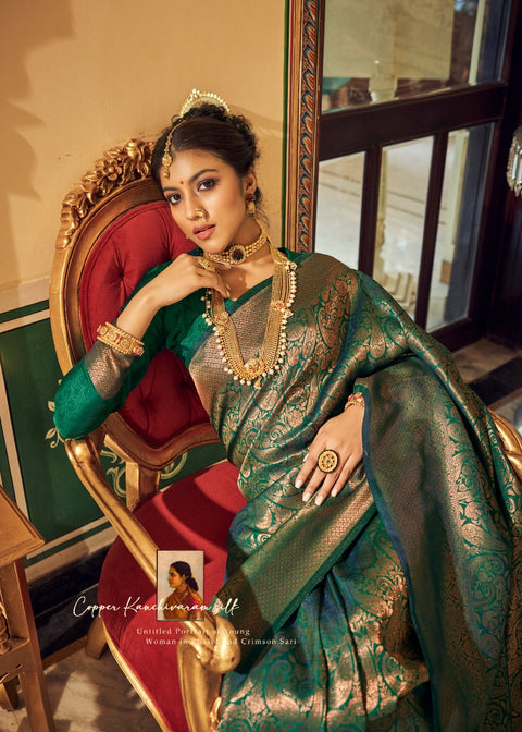 Green Wonderful Copper Zari Weaved Saree,in USA, Perfect for Indian wedding for women