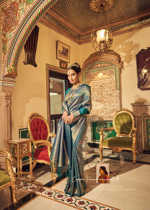 Teal Blue Wonderful Copper Zari Weaved Saree,in USA, Perfect for Indian wedding for women