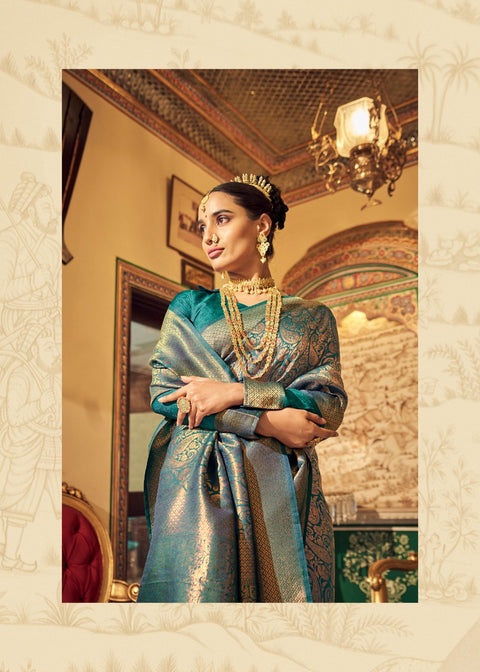 Teal Blue Wonderful Copper Zari Weaved Saree,in USA, Perfect for Indian wedding for women