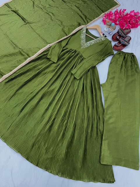 Green Party Wear Look Pur Chinon Silk Fancy Alia cut Anarkali Gown,Dupatta & Bottom Set For Women