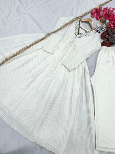 White Party Wear Look Pur Chinon Silk Fancy Alia cut Anarkali Gown,Dupatta & Bottom Set For Women