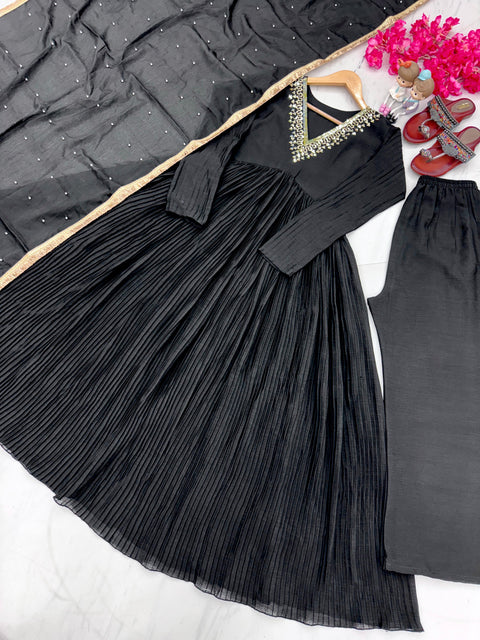 Black Party Wear Look Pur Chinon Silk Fancy Alia cut Anarkali Gown,Dupatta & Bottom Set For Women