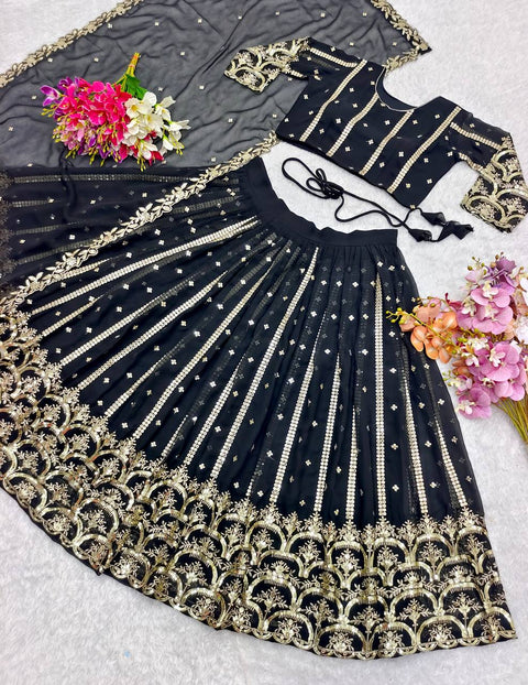 Black Pure Georgette Lehenga-Choli With Dupatta Set For Women