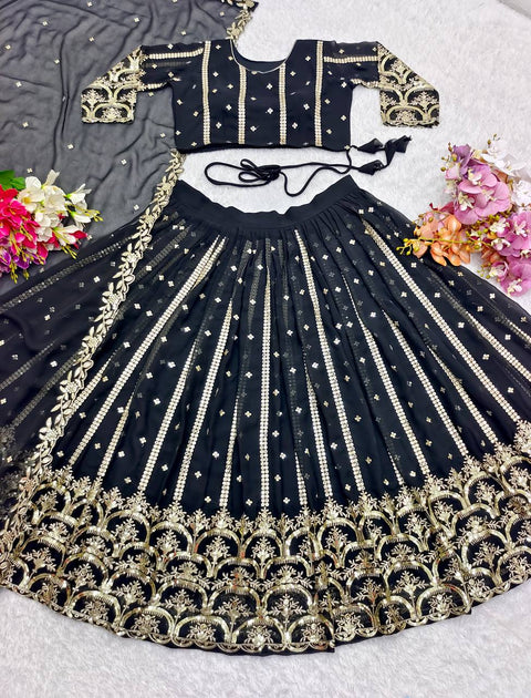 Black Pure Georgette Lehenga-Choli With Dupatta Set For Women