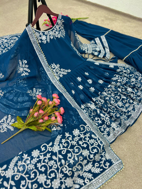 Dove Blue Designer Party Wear Look New Kediya-Plazo and Dupatta With Heavy Embroidery Work