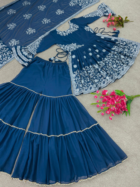 Dove Blue Designer Party Wear Look New Kediya-Plazo and Dupatta With Heavy Embroidery Work