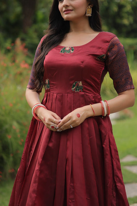 Maroon Silk Gown And simple weave with a sharp hand, Jacquard fabric Gown For Woman