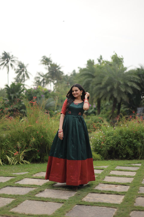 Green Silk Gown And simple weave with a sharp hand, Jacquard fabric Gown For Woman