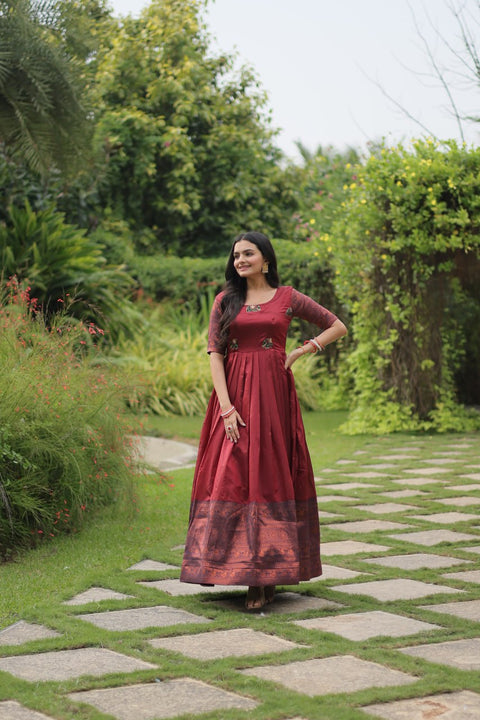 Maroon Silk Gown And simple weave with a sharp hand, Jacquard fabric Gown For Woman