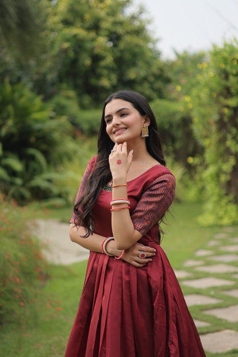 Maroon Silk Gown And simple weave with a sharp hand, Jacquard fabric Gown For Woman